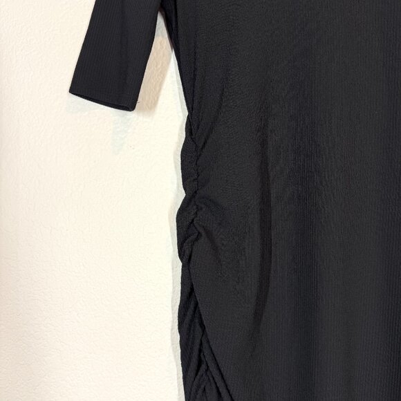 Zara Black Midi Dress Short Sleeve Side Ruched Ribbed Mock Neck Small - Picture 7 of 9